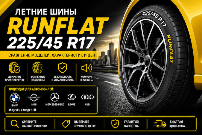 Летние шины RunFlat 225/45 R17 — сравнение моделей, характеристик и цен